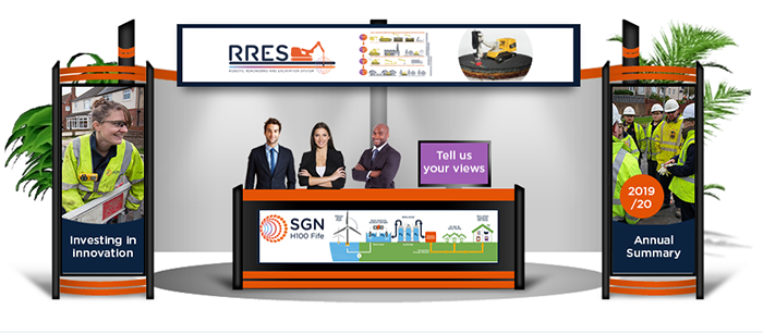 A virtual exhibition stand with display panels showing images of SGN projects.