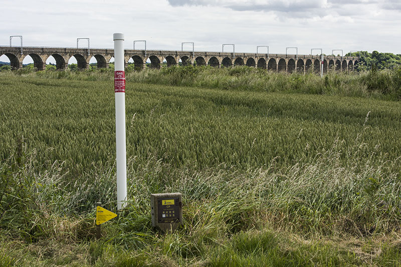 A pipeline marker in a rural setting