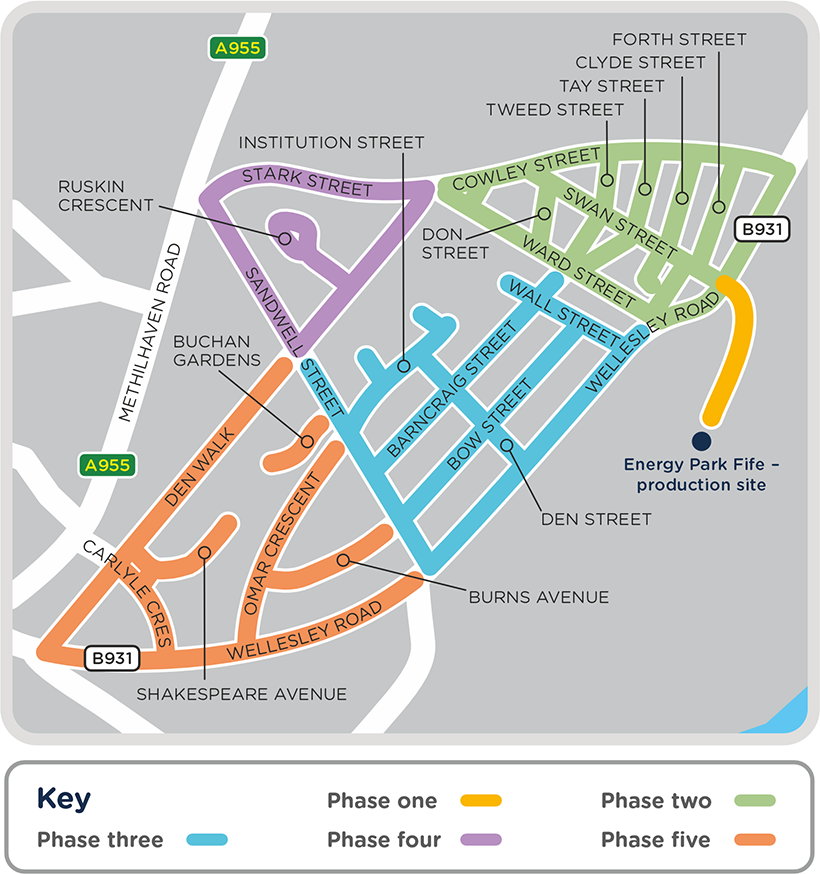 A map showing where we'll be working during our project to construct a new hydrogen network in Levenmouth.