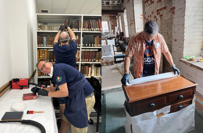 Volunteers from SGN use miniature brushes to clean books in the naval archive, and an SGN volunteer protects furniture from HMS Caroline before it goes into storage