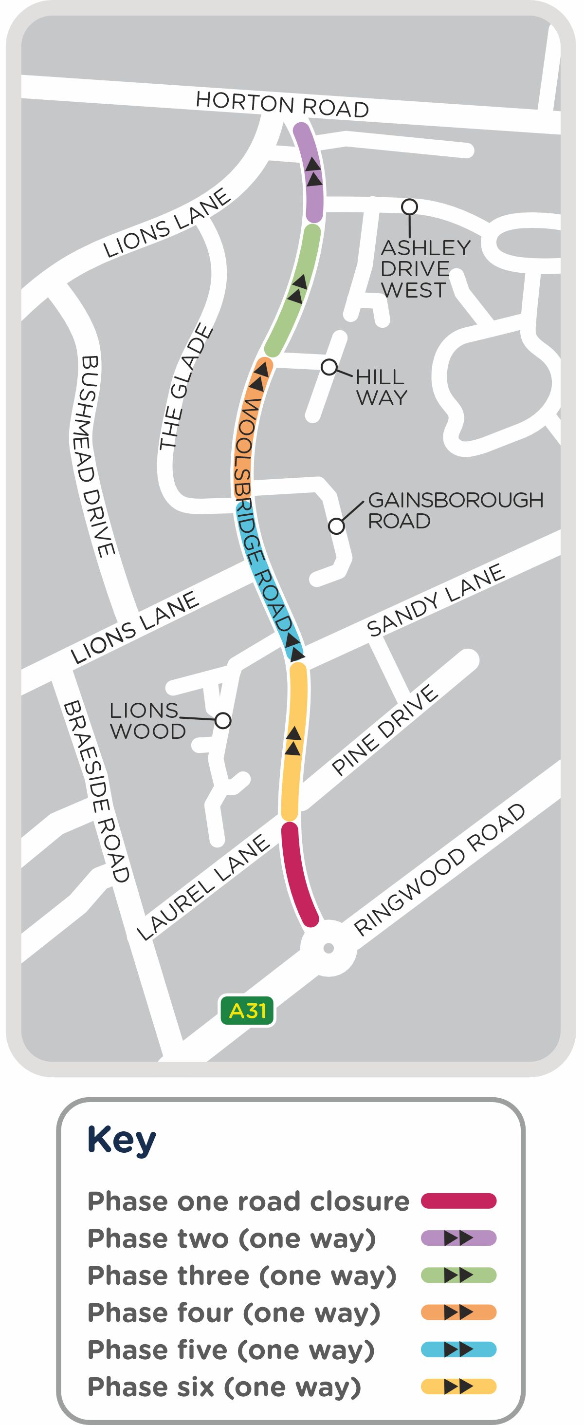 A map outlining our work in Woolsbridge Road, Ashley Heath, as detailed on this page