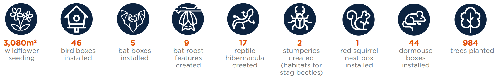 Nine icons outlining statistics from the report about our biodiversity achievements