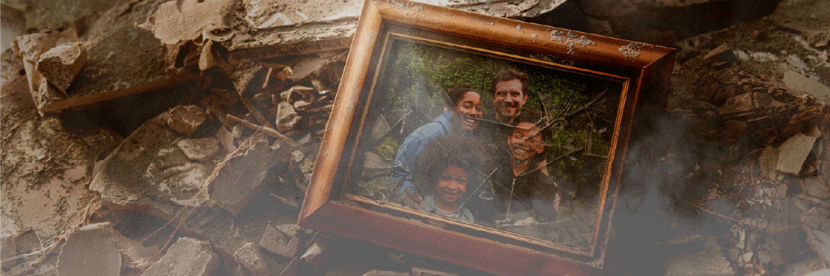 Energy theft campaign image showing family pictures destroyed in an explosion