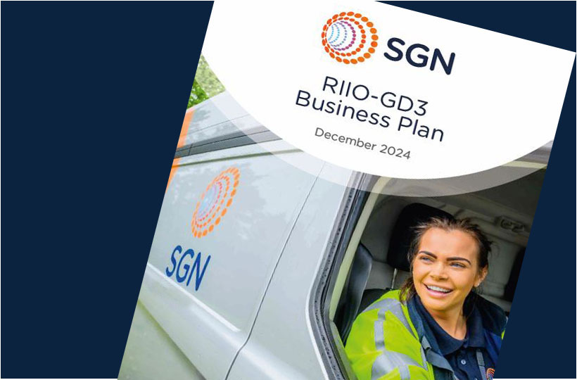 Front cover of the GD3 business plan featuring a woman wearing PPE in a van positioned on a navy background box.   