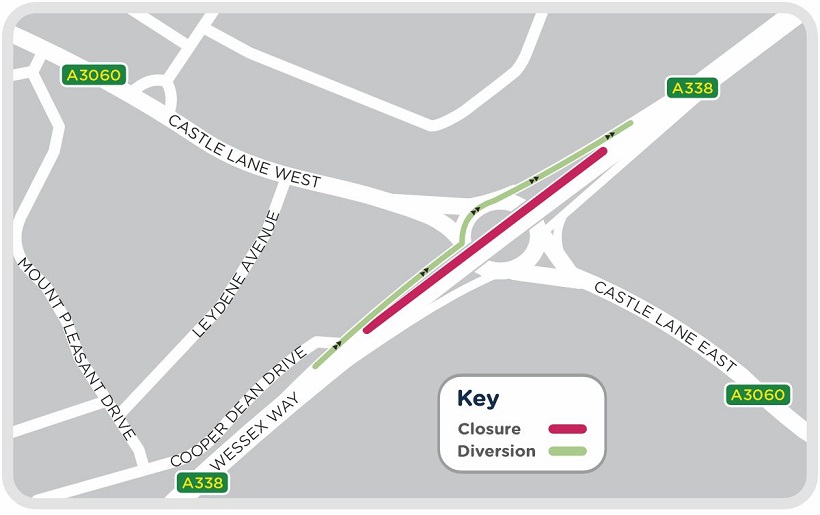 A map showing the closure area and diversion route for gas network upgrades along the Wessex Way