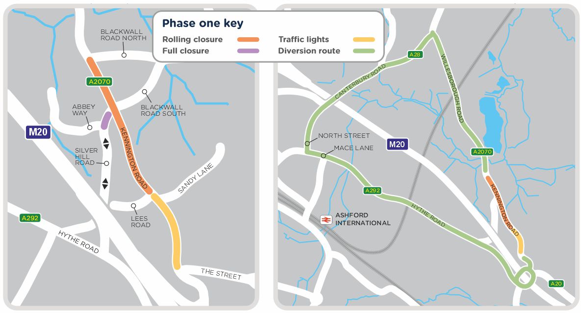 A map outlining phase one of our work in A2070 Kennington Road Ashford, as detailed on this page