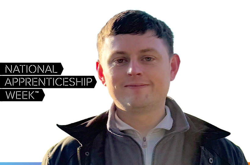 A smiling man against a white background with the National Apprenticeship Week logo