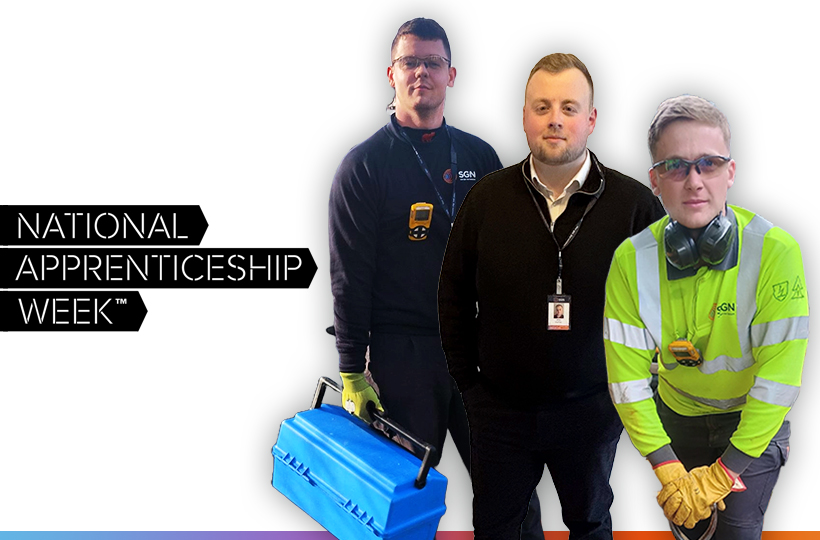 Three apprentices against a white background with the logo for National Apprenticeship Week